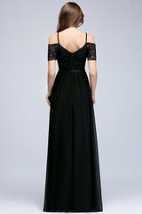 A-line Chiffon Lace V-Neck Off the Shoulder Sleeveless Floor Length Bridesmaid Dresses