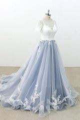 Long Appliques Lace Tulle A-line Wedding Dress es with Short Sleeve