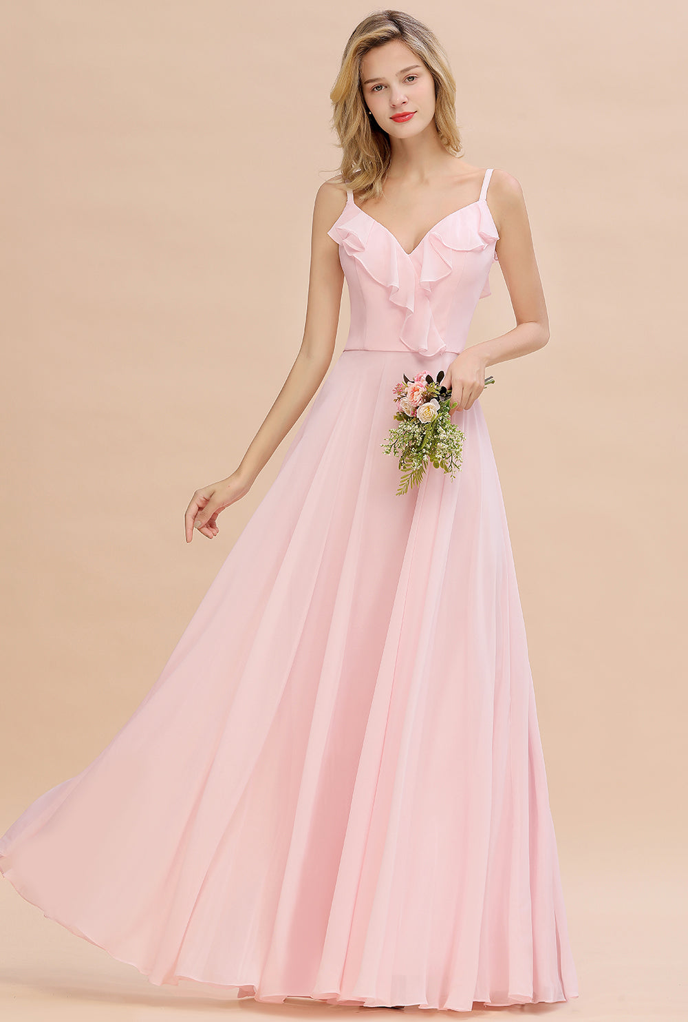 Stylish Straps V-neck A-line Long Chiffon Bridesmaid Dress