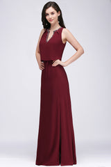 A-line Chiffon V-Neck Sleeveless Front Split Floor Length Bridesmaid Dress with Crystal