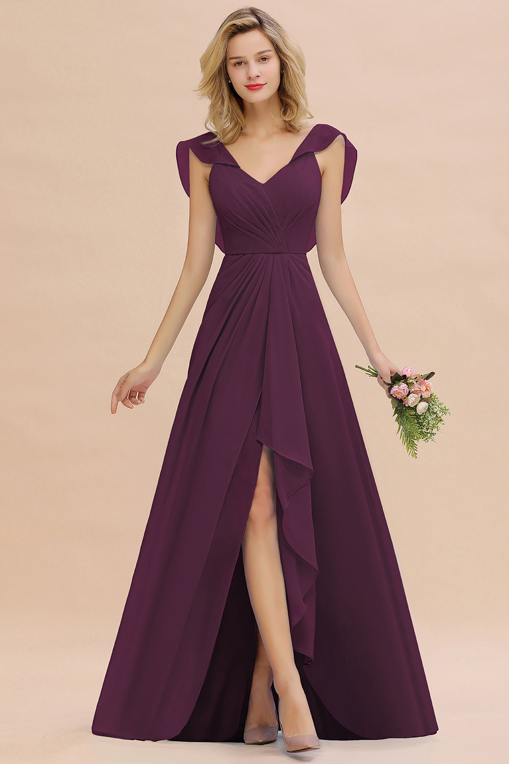 Simple High Low A-line V-Neck Ruffles Chiffon Bridesmaid Dress