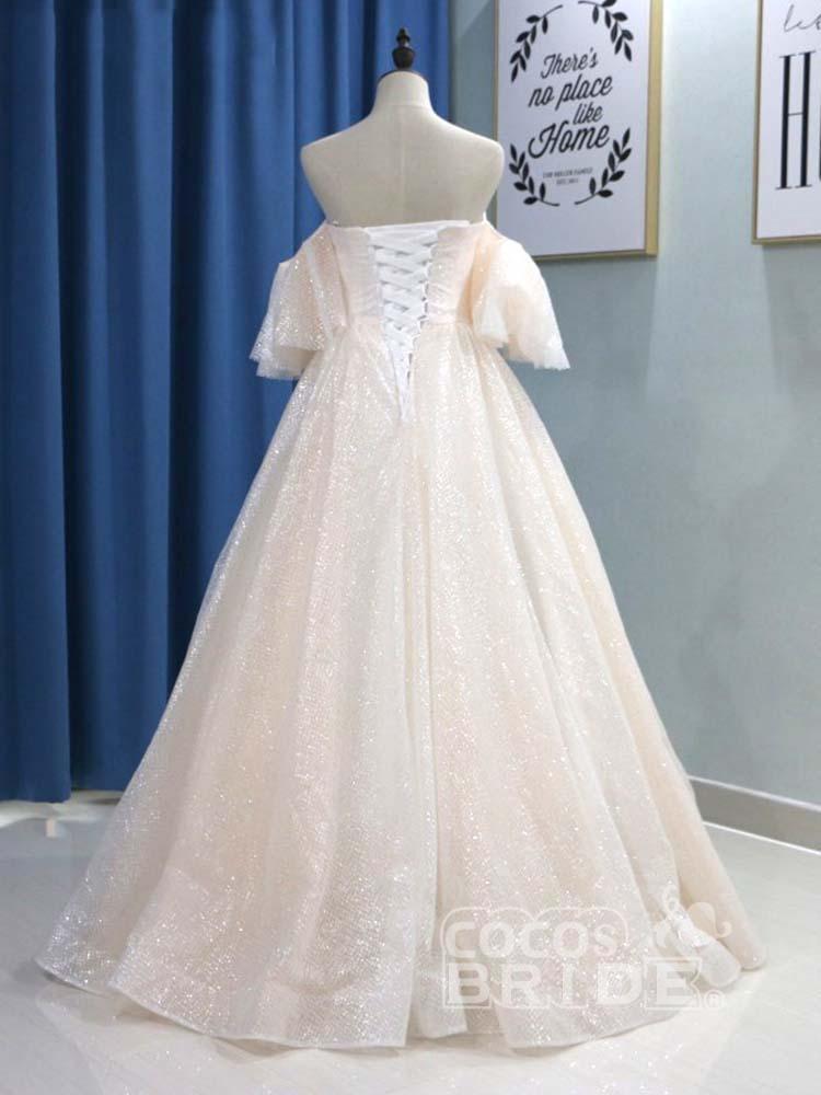 Long Off the Shoulder Half Sleeves Tulle Ball Gown Wedding Dresses