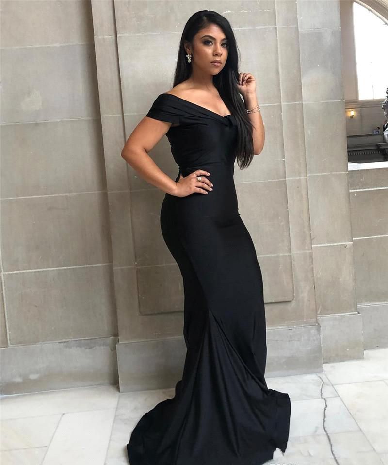 Black Long Off the Shoulder Floor Length Backless Mermaid Prom Dress