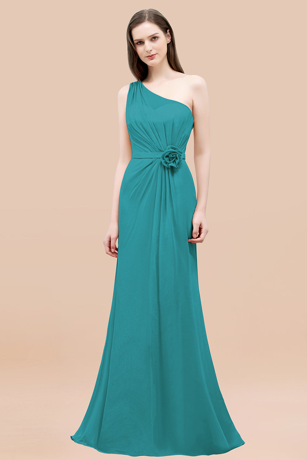 Mermaid Chiffon One Shoulder Sleeveless Ruffled Floor Length Bridesmaid Dresses with Flower