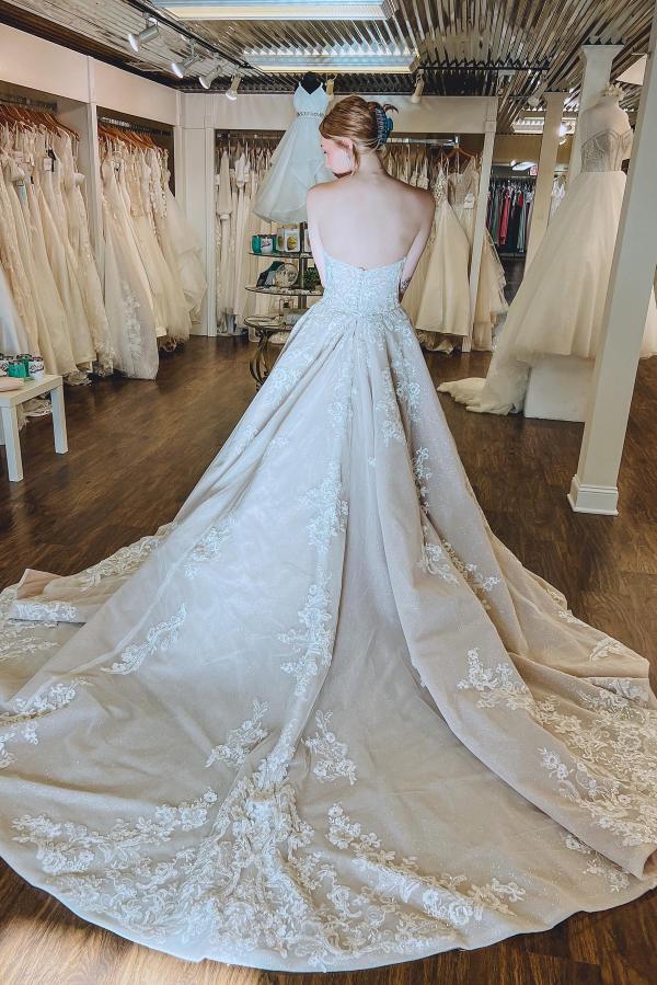 Elegant Long A-line Strapless Tulle Lace Backless Wedding Dress