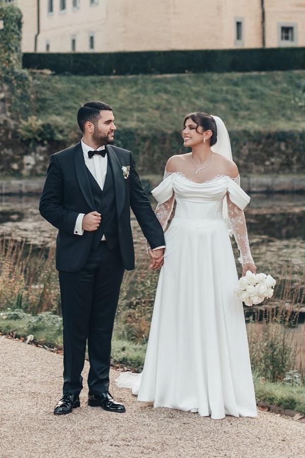 Long Off The Shoulder Split Front A-Line White Wedding Dress with Ruffles