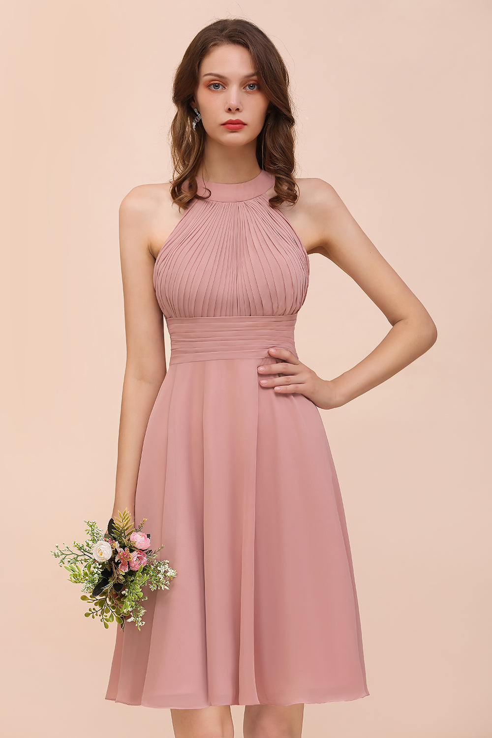 Affordable Short A-line Round Neck Ruffle Chiffon Bridesmaid Dress