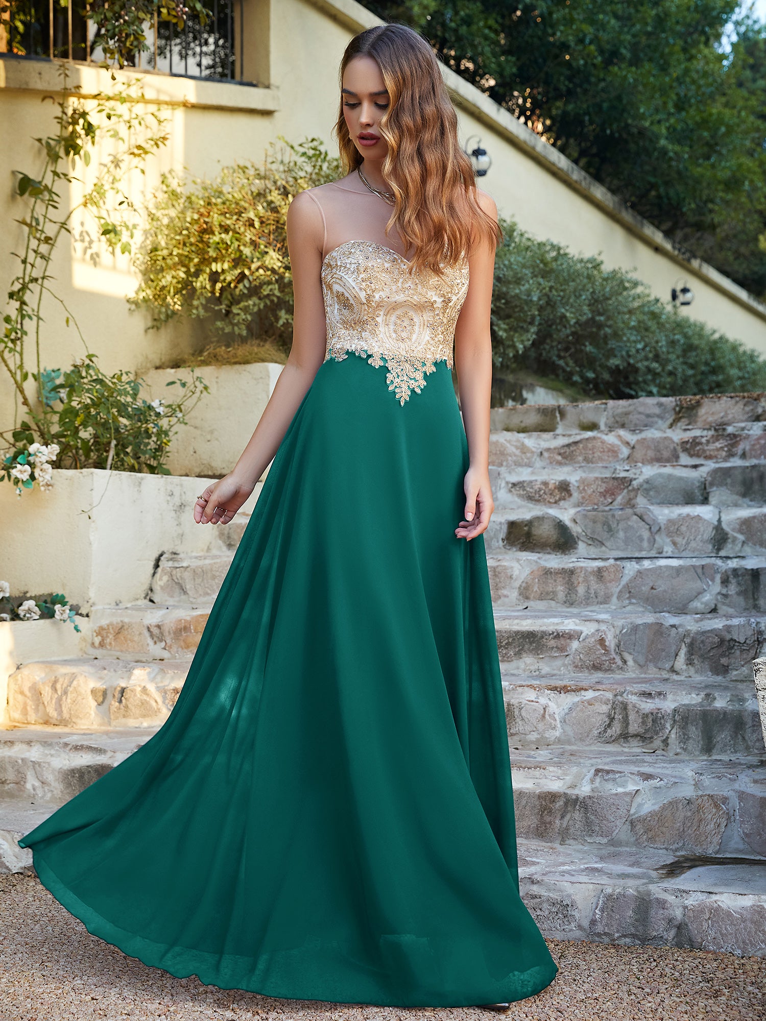 Elegant Long A-line Chiffon Sleeveless Tulle Lace Appliques Prom Dress