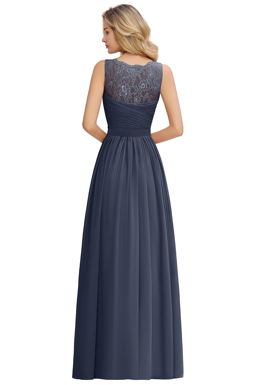 Long A Line Chiffon Sleeveless Lace Bridesmaid Dress with Ruffle