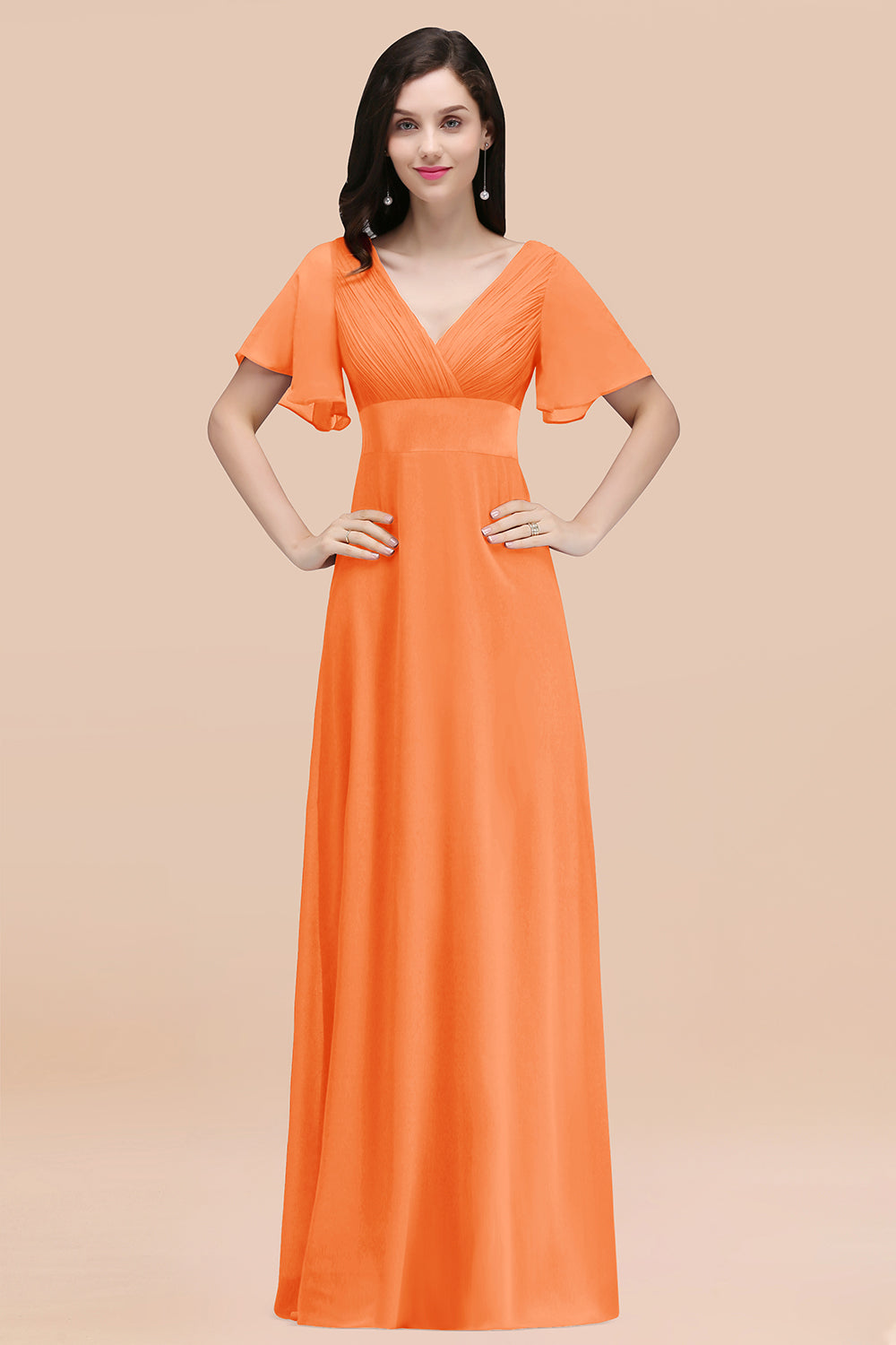 Simple A-Line Chiffon V-Neck Short Sleeves Ruffles Floor Length Bridesmaid Dresses