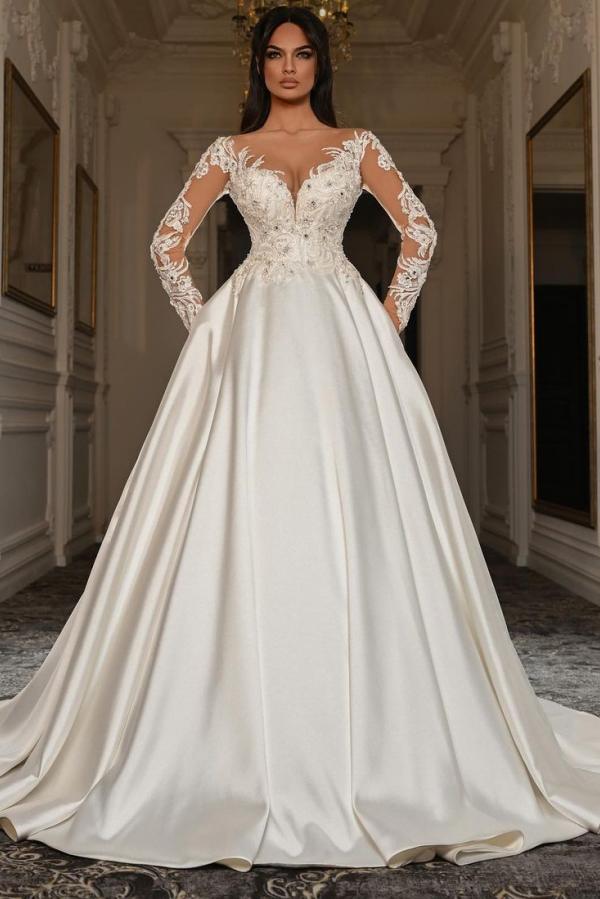 Gorgeous Long Sleeves A Line Open Back Sweetheart Appliques Lace Satin Wedding Dress