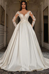 Gorgeous Long Sleeves A Line Open Back Sweetheart Appliques Lace Satin Wedding Dress