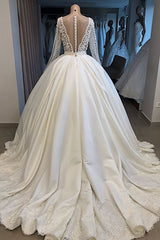 Long Sleeve V-neck Ball Gown Satin Tulle Wedding Dress