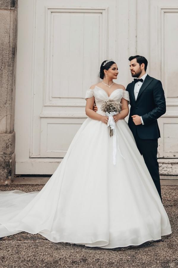 Plus Size Long A-line Off the Shoulder Open Back Wedding Dress with Ruffle