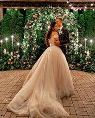 Beautiful Long Tulle Off the Shoulder A-line Wedding Dress with Chapel Train