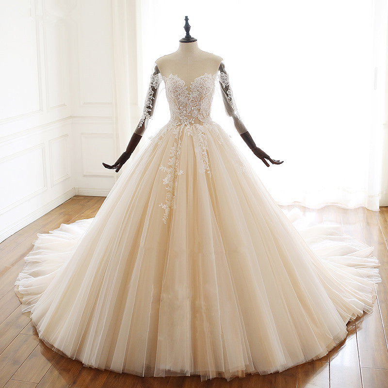 Chic Long Ball Gowns Sweetheart Tulle Lace Wedding Dress with Sleeves