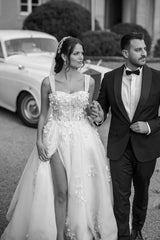 Luxury White Long A-line Tulle Lace Wedding Dresses with Slit