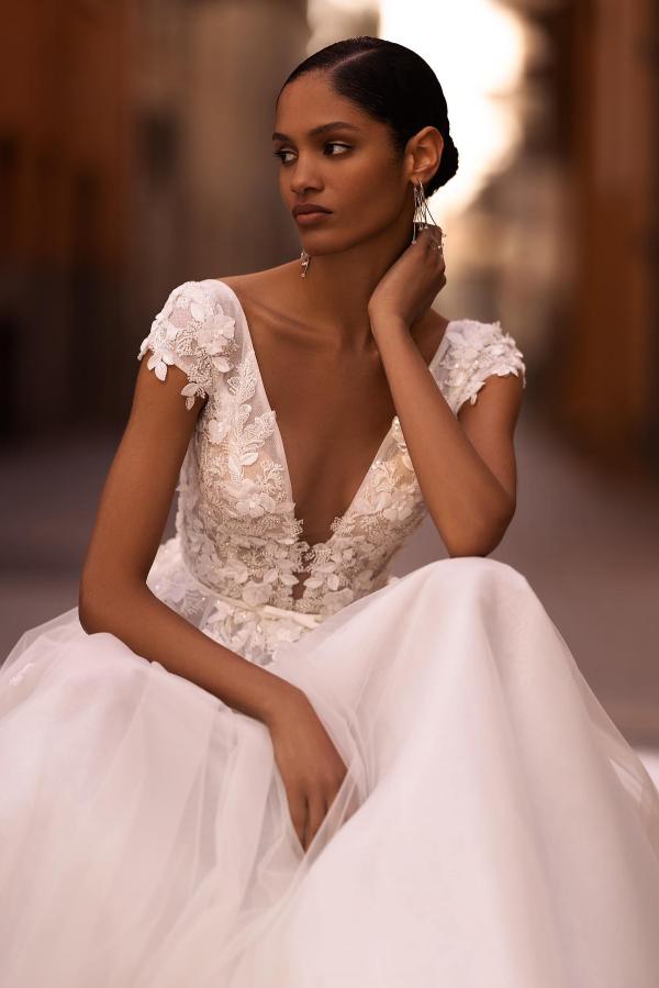 Backless V-Neck A-Line Tulle Long Appliques Lace Wedding Dress with Short Sleeve