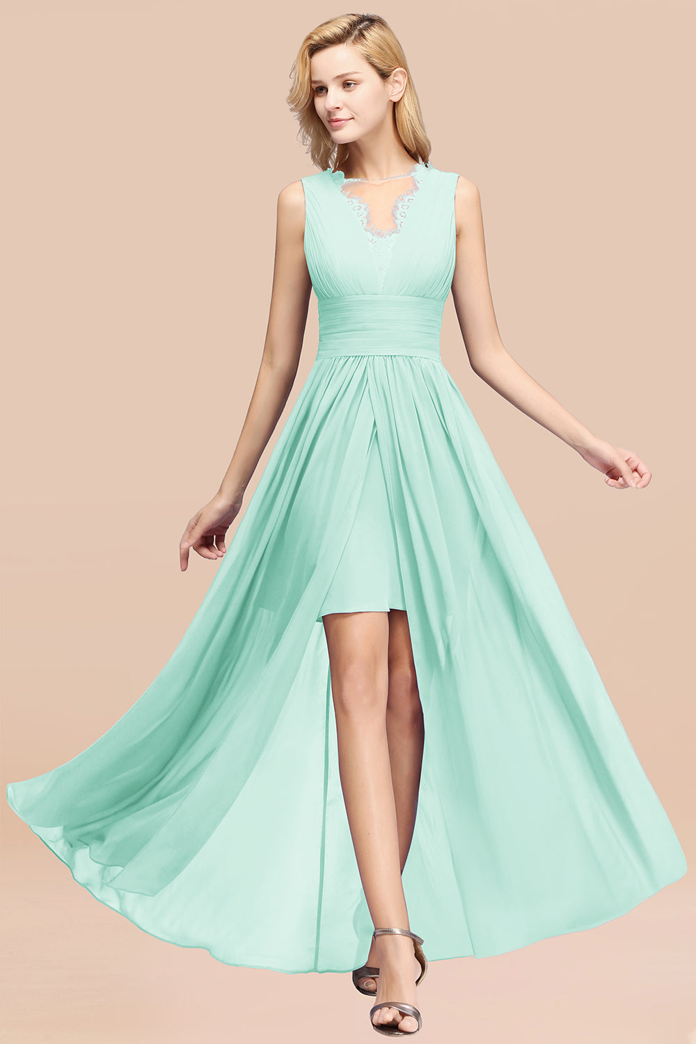 Lace Chiffon Jewel Sleeveless Ruffles Short Bridesmaid Dress