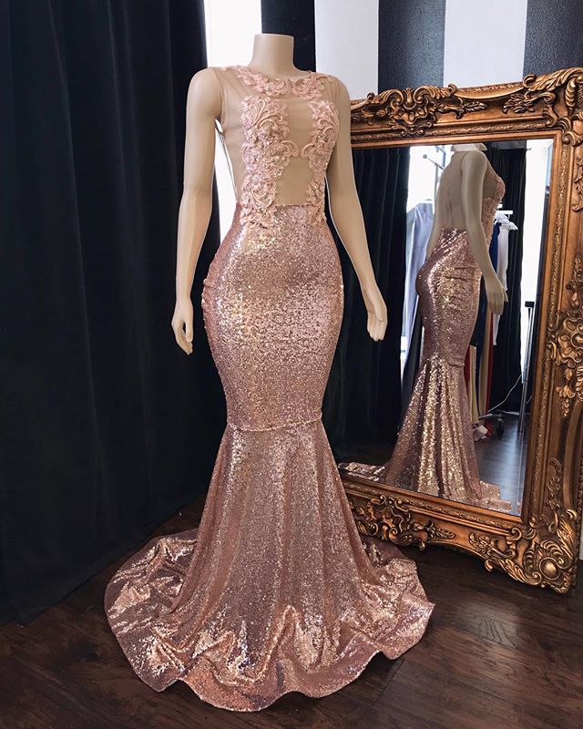 Long Sequins Appliques Lace Sleeveless Mermaid Prom Dresses