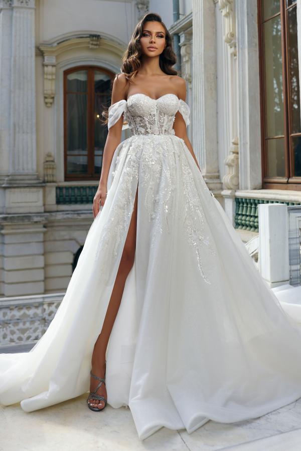 A-line Off the Shoulder Sweetheart Tulle Appliques Long Wedding Dress with High Split