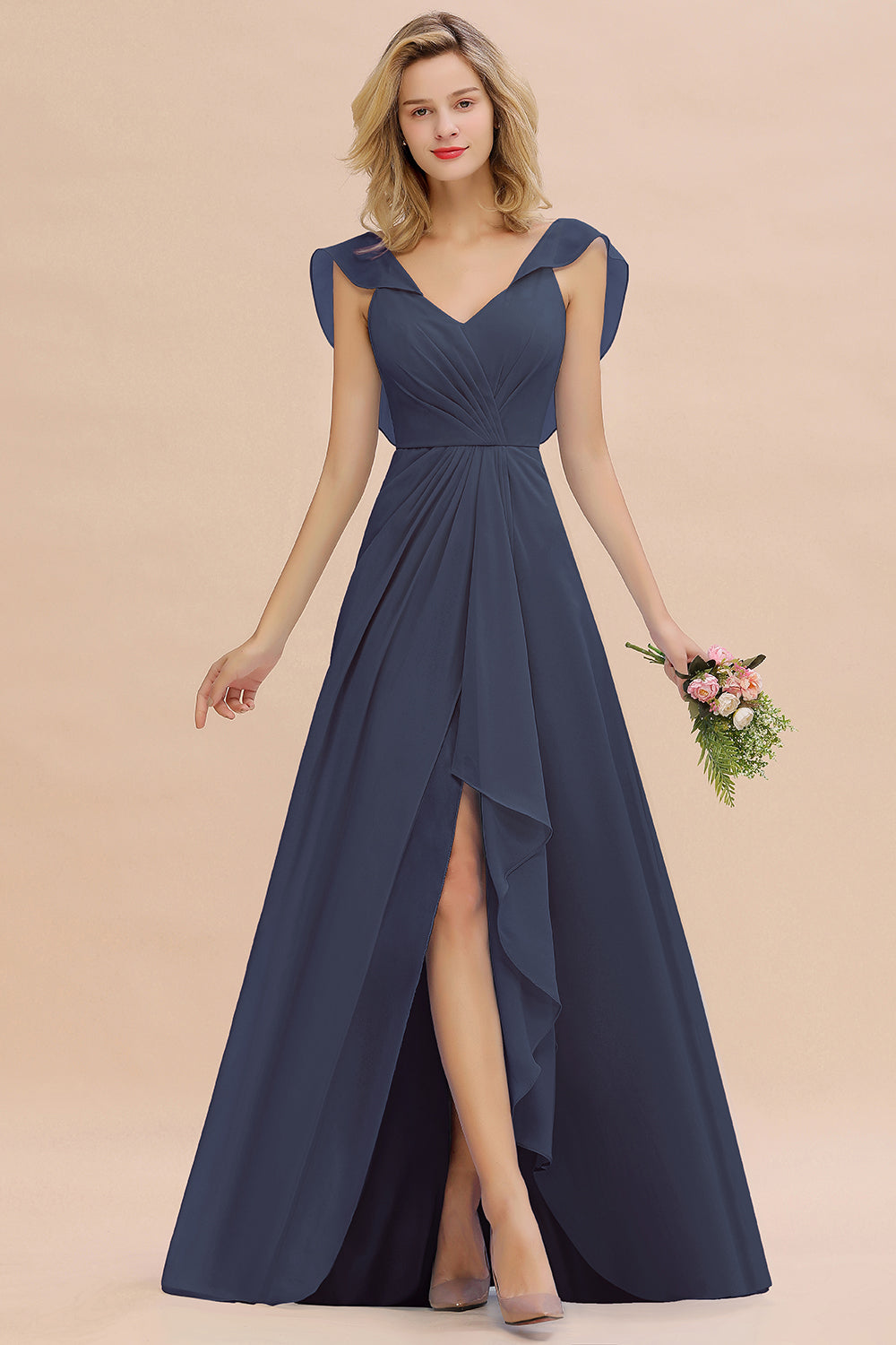 Simple High Low A-line V-Neck Ruffles Chiffon Bridesmaid Dress