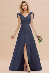 Simple High Low A-line V-Neck Ruffles Chiffon Stormy Bridesmaid Dress