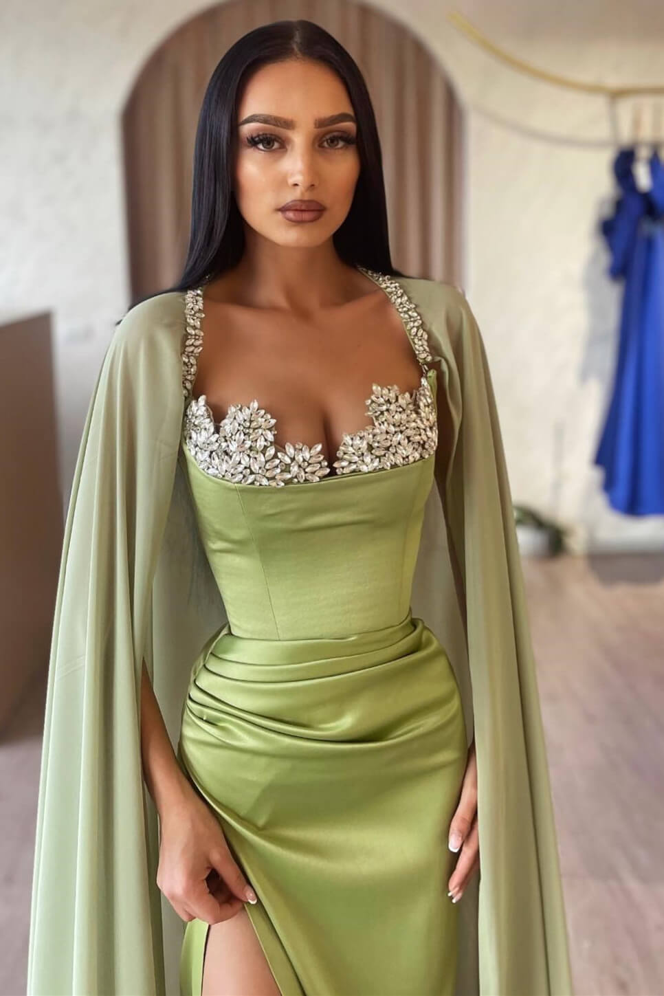 Mermaid Long Satin Sweetheart Split Front Prom Dress with Watteau Train