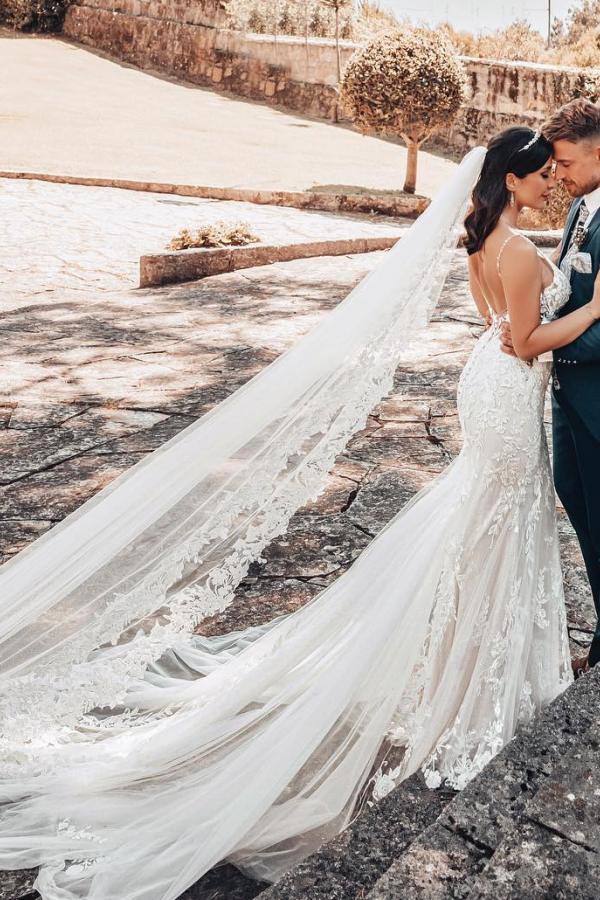Sexy Long Mermaid Deep V-Neck Lace Tulle Backless Wedding Dress with Train