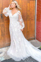 Classy A-line Deep V-neck Long Sleeve Appliques Lace Tulle Wedding Dress