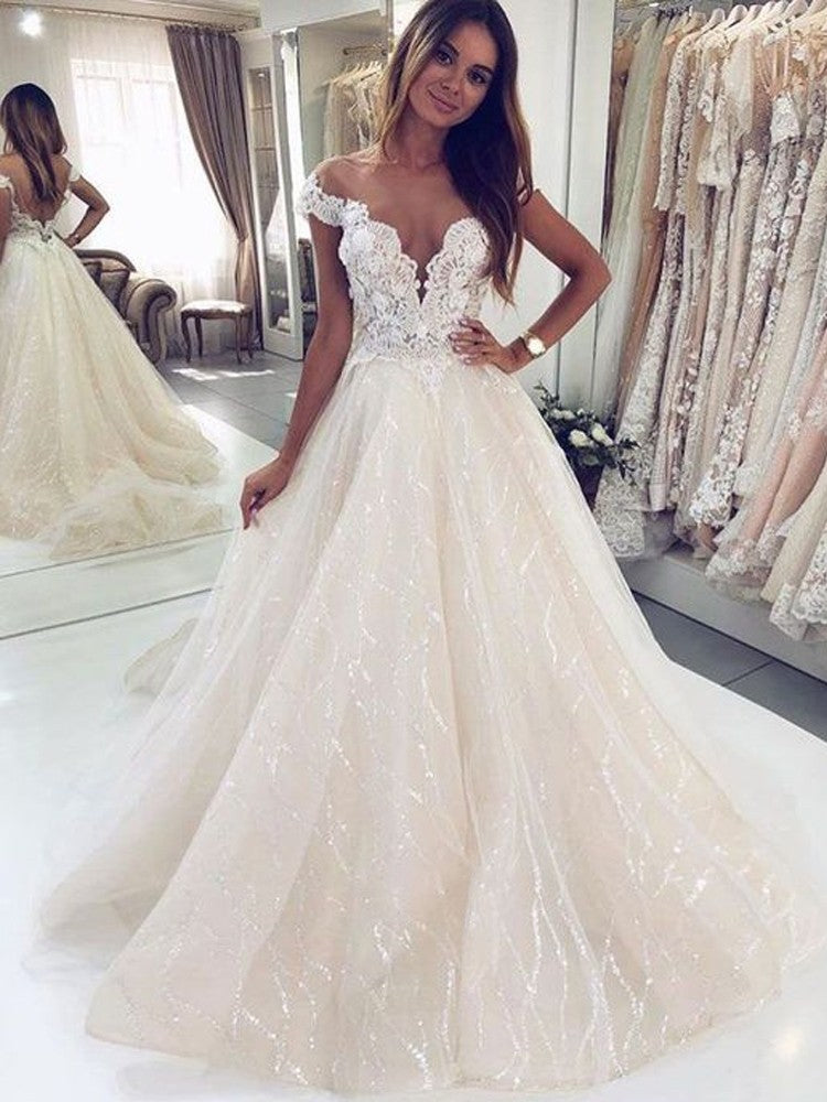 Luxury Long A-line Off the shoulder Tulle Open Back Glitter Wedding Dresses