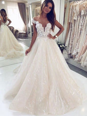 Luxury Long A-line Off the shoulder Tulle Open Back Glitter Wedding Dresses
