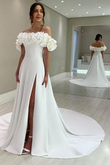 Long A-line Off the Shoulder Satin Flower Wedding Dresses with Slit