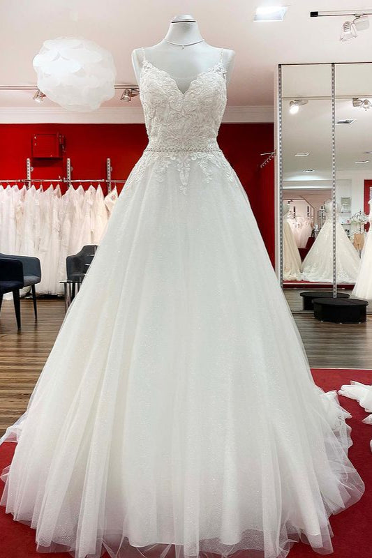 Long A-line V-neck Spaghetti Straps Ruffles Backless Wedding Dress with Lace
