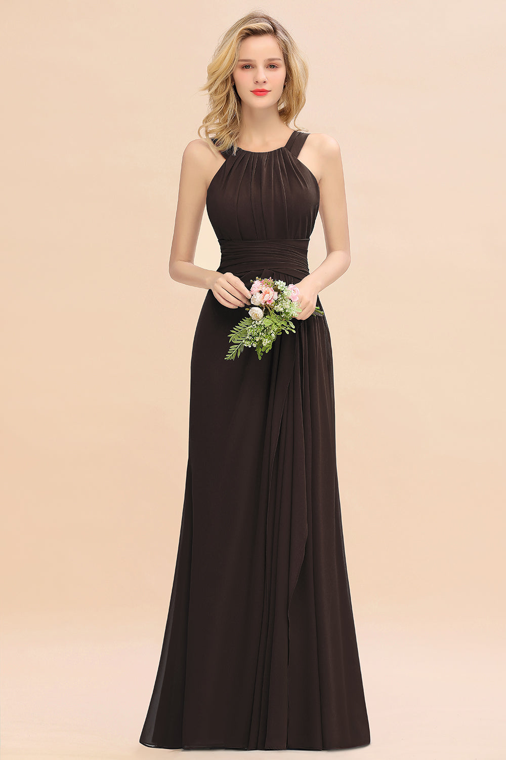 Long A-line Halter Chiffon Backless Floor Length Bridesmaid Dresses