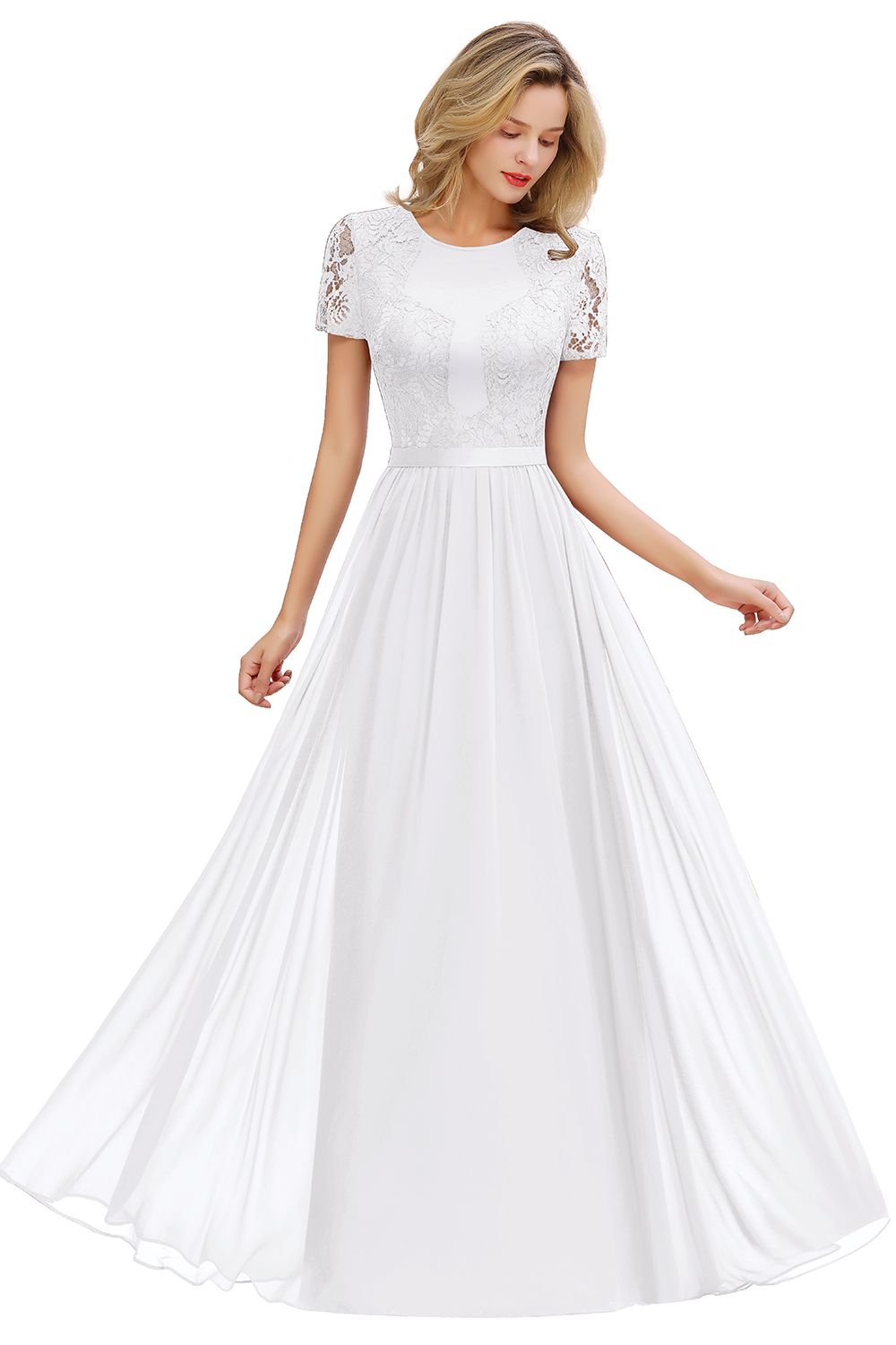 Burgundy Long A-line Chiffon Lace Formal Evening Dresses with Sleeves