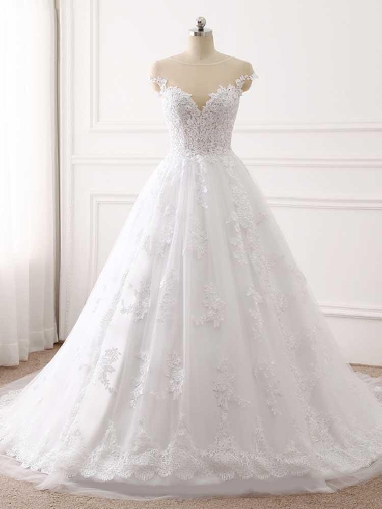 Long Tulle Lace Appliques Sweetheart Ball Gown Wedding Dresses
