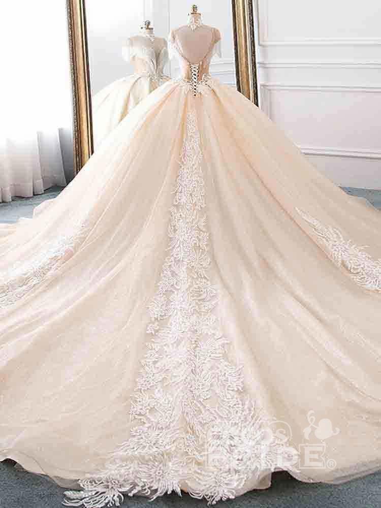 Elegant Long High Neck Tassel Sleeves Ball Gown Wedding Dresses