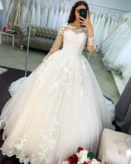 Classy Bateau Long Sleeve Appliques Lace Tulle Floor Length A-line Wedding Dress