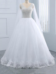 Beautiful Long A-line V-neck Tulle Beads Wedding Dresses with Sleeves