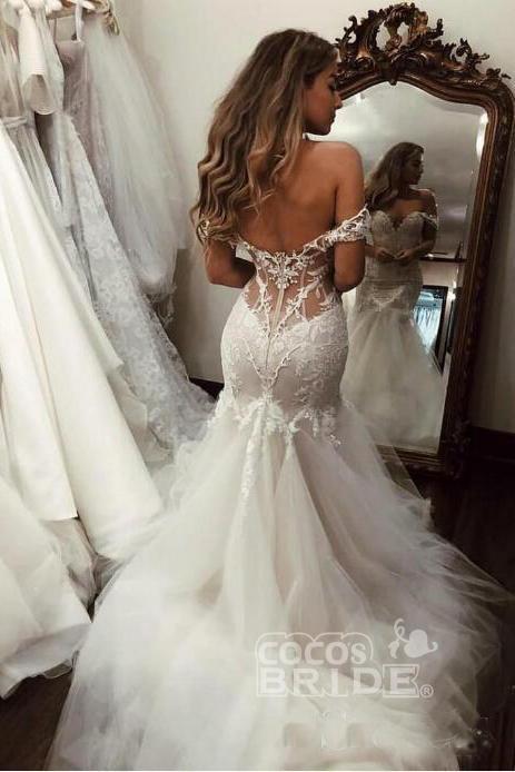 Off the Shoulder Mermaid Lace Long Tulle Wedding Dress