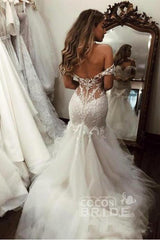 Off the Shoulder Mermaid Lace Long Tulle Wedding Dress