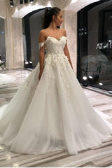 Beautiful Long A-Line Sweetheart Off the Shoulder Appliques Lace Tulle Wedding Dress