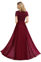Burgundy Long A-line Chiffon Lace Formal Evening Dresses with Sleeves