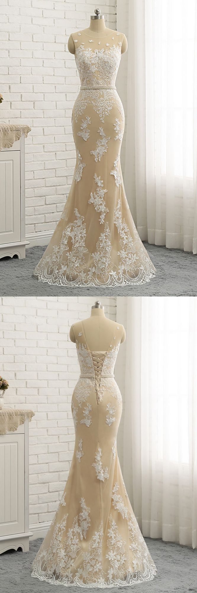 Long Mermaid Round Neck Lace Formal Evening Dress