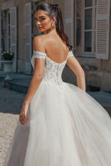 Long A Line Off The Shoulder Open Back Tulle Wedding Dress with Appliques Lace
