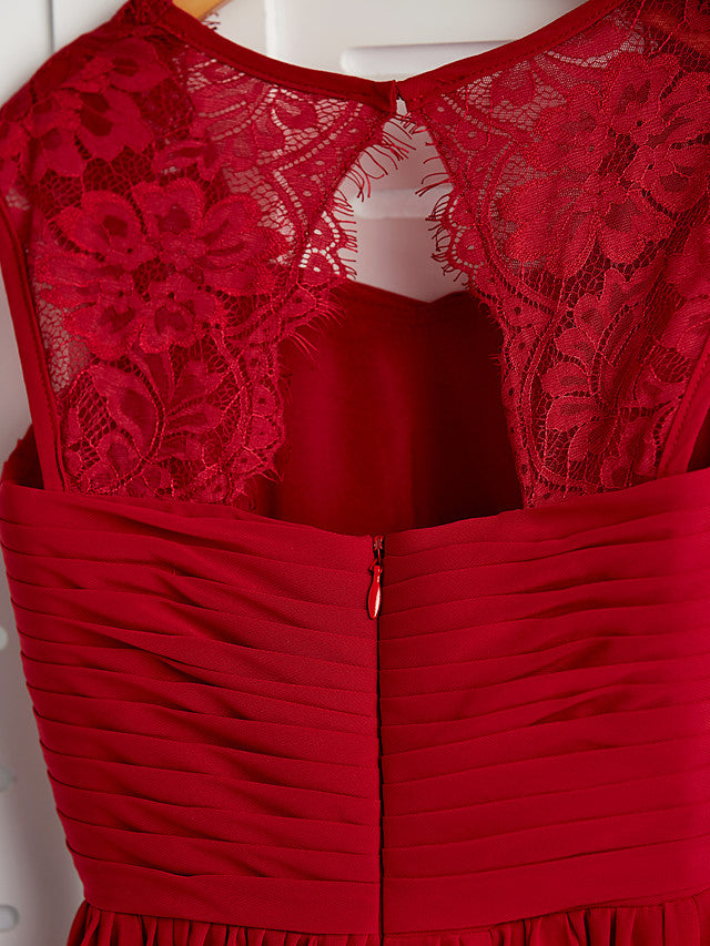 Red Long A-line Chiffon Floor Length Junior Bridesmaid Dress with Lace