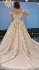 Modest Long A-line Off the Shoulder Tulle Lace Wedding Dress