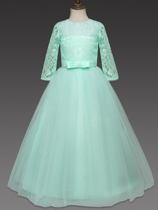 Long Ball Gown Tulle Lace Jewel Neck Flower Girl Dresses with Half Sleeve