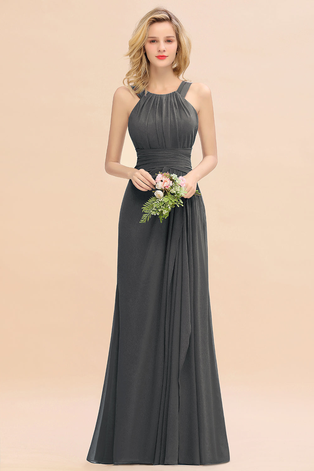 Long A-line Halter Chiffon Backless Floor Length Bridesmaid Dresses